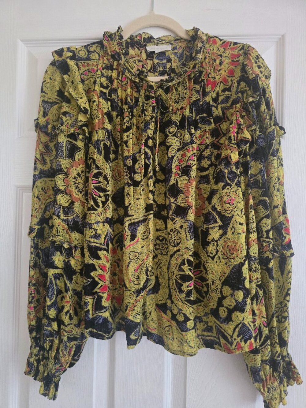 Jennifer & Grace Mustard/Blue/Coral Blouse L NWOT
